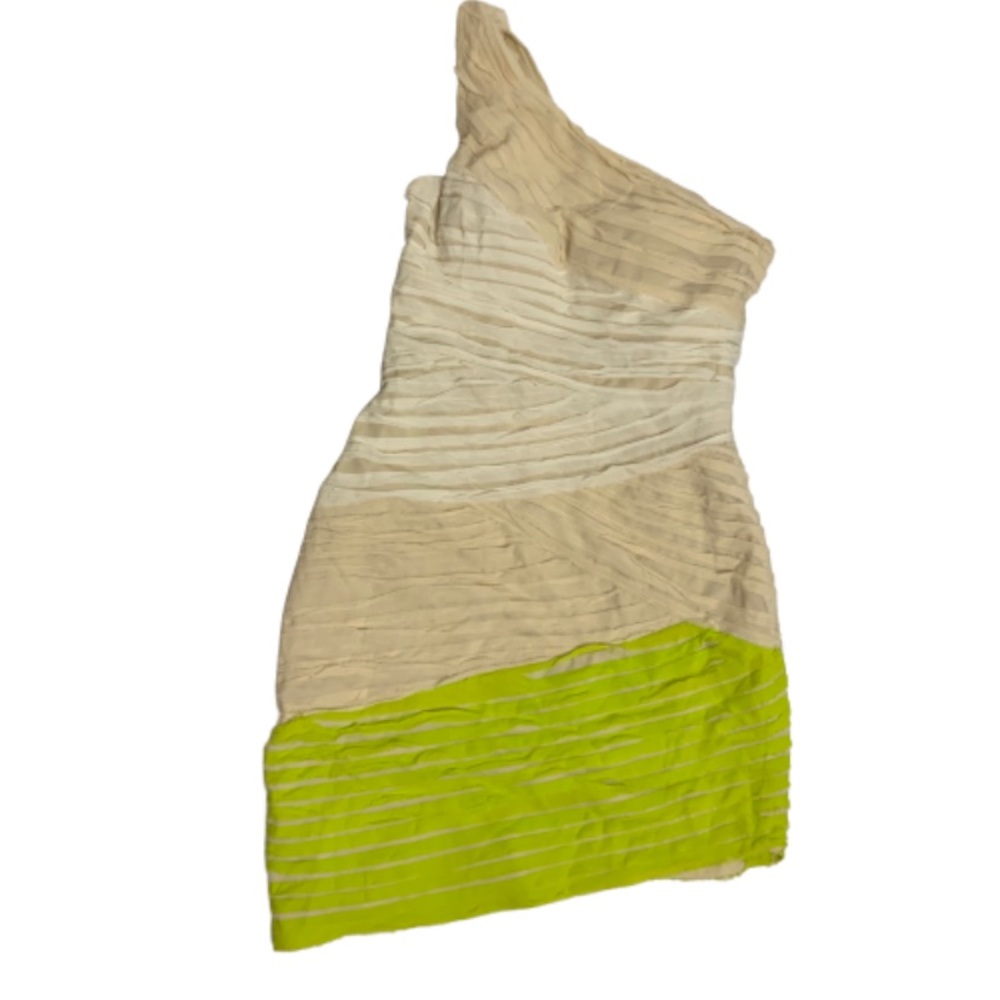 Bebe one sleeve cream lime ruffle green dress